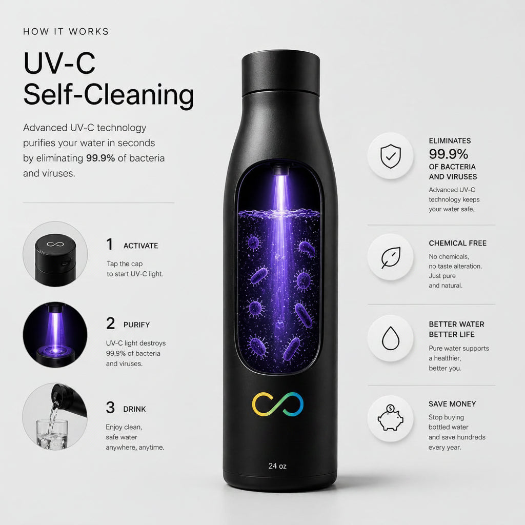 Smart Water Bottle 24Oz – UV-C Self Cleaning, Temperature Display (°C/°F), Hydration Reminder, USB-C Rechargeable, Insulated Stainless Steel Bottle (Black)