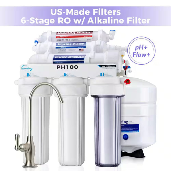 6-Stage High Capacity under Sink Reverse Osmosis Water Filter System W/ Alkaline Filter,100 GPD, US Made Filters