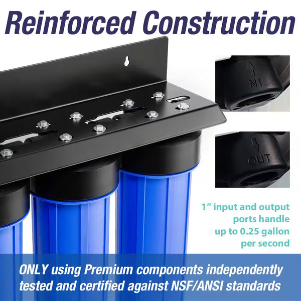 3-Stage Whole House Water Filtration System W/ 3/4 In. Push-Fit Stainless Steel Hose Connectors and Ball Valve