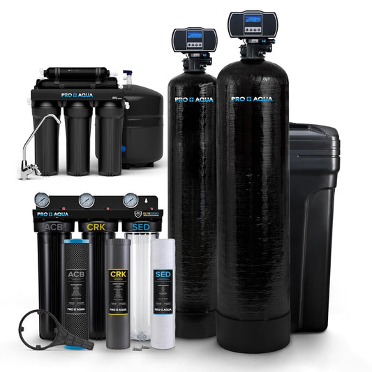 Elite 5-Stage Whole House Water Softener and Filter Bundle System for Well Water | Reduces Heavy Metals, Iron, Sulfur, Sediment, Chlorine, and More | Ideal for 3-4 Bathrooms (+ RO System)