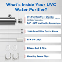 UV Water Filter Whole House, 3/4" MNPT 55W Water Purifier System for Whole House Water Purification,12 GPM, 120V, 1500H Lamp Life, +1 Extra Lamp
