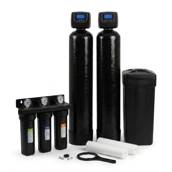 Whole House Water Filtration System Designed for Well Water Treatment, 5-Stage Filter, Iron Reduction, Salt-Based Softener — Studio Shot