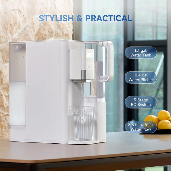 Reverse Osmosis Water Filter Countertop, 5-Stage RO Water Filtration System, Portable Water Purifier Dispenser with 3 Preset Volume Options, 4:1 Pure to Drain, NSF/ANSI 58, No Installation